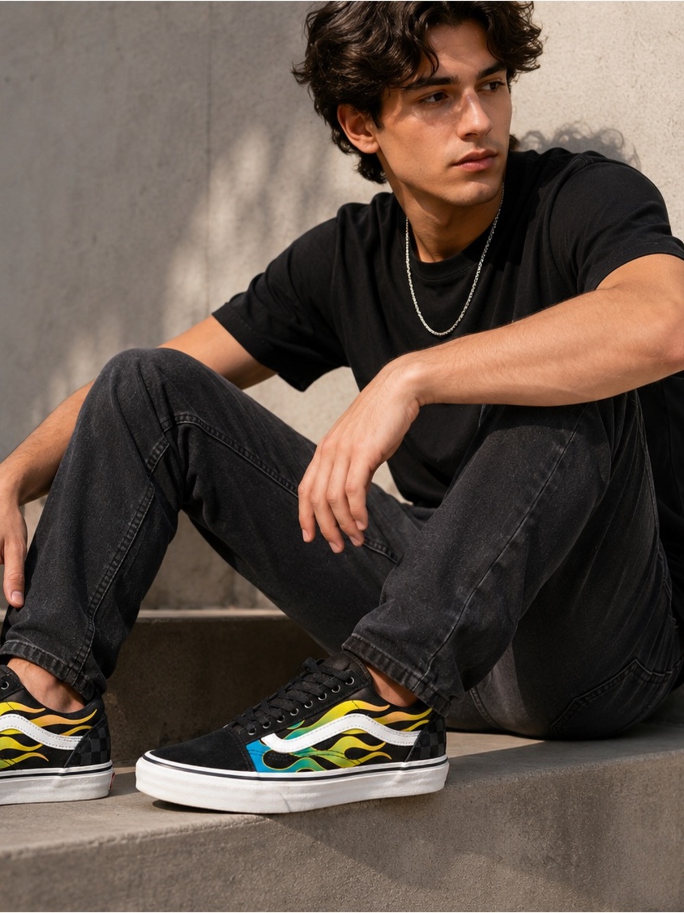 Vans Old Skool Flame Print Sneakers Black Multi-Color Skate Shoes